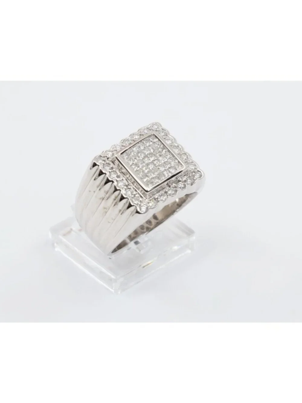 14K Solid White Gold Princess Cut Diamond Cluster Halo Men's Ring - Size 9.25